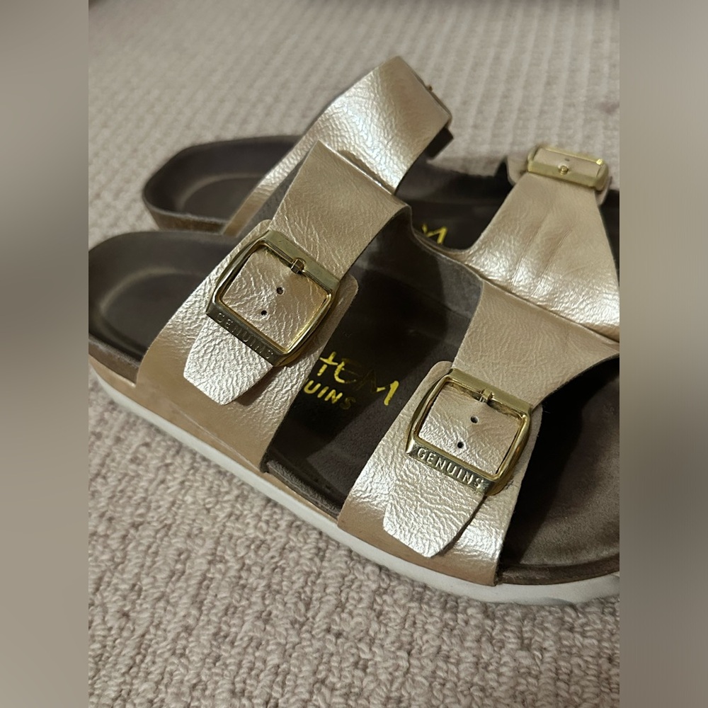 Ethem Genuins Canton Double Buckle Slide Sandal Gold Size 8-8.5 - Picture 3 of 6
